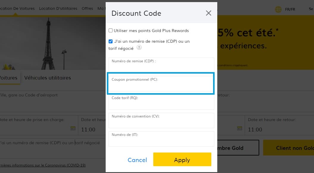 Où mettre un code promo Hertz valide ?