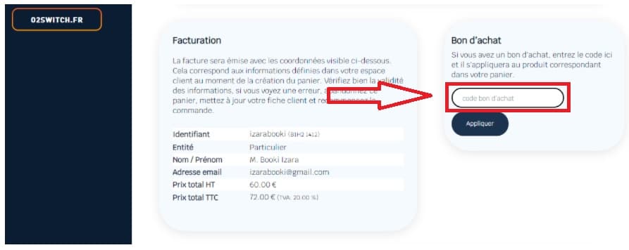 Où mettre mon code promo O2switch?