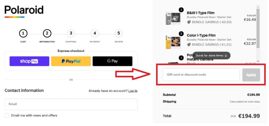 Où mettre mon code promo Polaroid ?