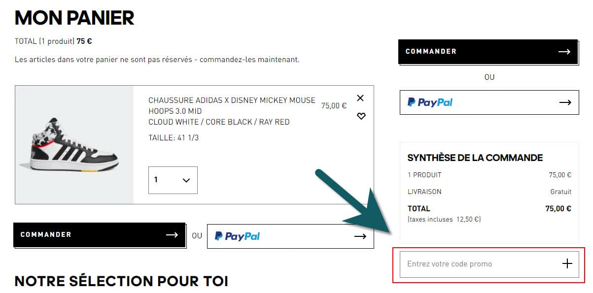 Où mettre mon code promo Adidas ?