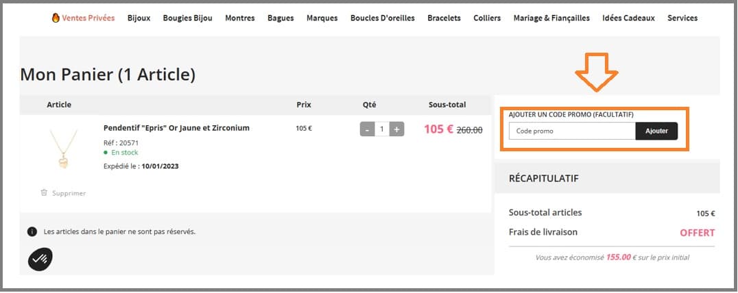 Où mettre mon code promo Mes-bijoux.fr valide ?