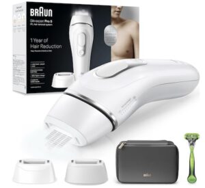 Braun Silk·expert Pro 5 Épilateur À Lumière Pulsée, Épilation Semi-Définitive Pour 1 An De Peau Douce, Alternative Au Laser, Avec Une Pochette, Un Rasoir Gillette, 2 Têtes, Or/Blanc, PL5145