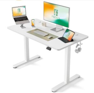 FEZIBO Bureau Assis Debout Électrique, 100 x 60 cmBureau Table Debout Réglable en Hauteur Acier T Pieds avec Système Anti-Collision, Panneau Contrôle à Fonctions Mémoires, Planche Blanc