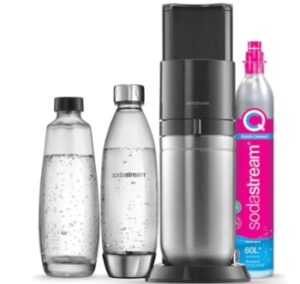 Sodastream Duo Machine à Eau Pétillante et Soda pour Carafe en Verre | Pack 1 Carafe en Verre 1L + 1 Bouteille 1L Finition Acier Inoxydable Lave-Vaisselle + 1 Recharge de Gaz 60L à Clipser | Noire